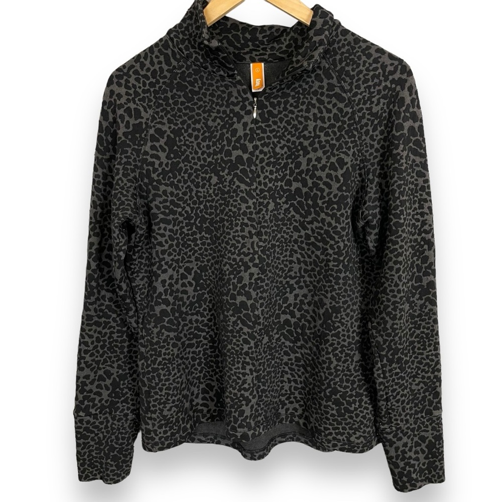 Lucy Quarter Zip Pullover Jacket Top Leopard Print Preowned‎ Large Black Gray